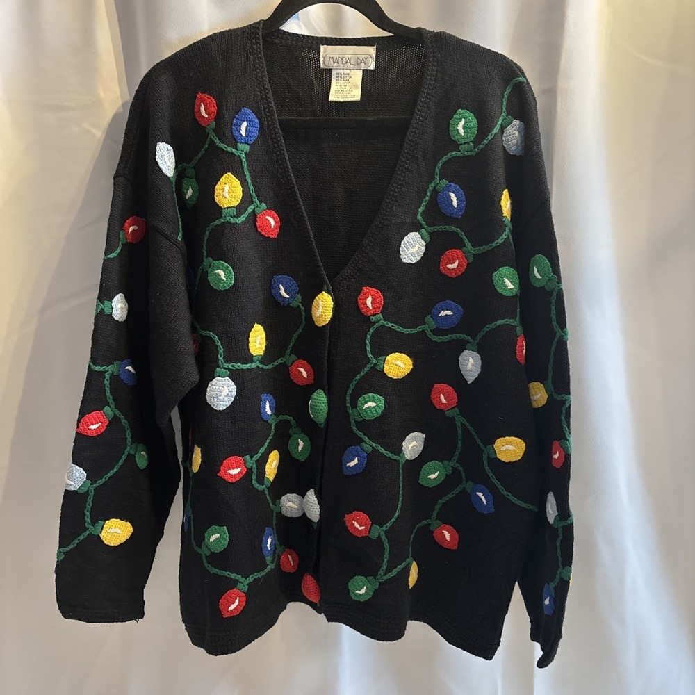 VTG Ugly Christmas Sweater Womens XL Mandal Bay Black Christmas Lights‎ 90s
